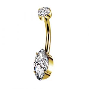 Piercing de nombril banane AWAKEN en titane avec cristal en forme d'olive et filetage interne PWD-021 or blanc (Z&Z PUNK SHOPPING, neuf)