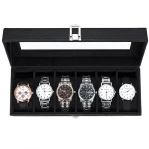 Ohuhu Bo&icirc;te &agrave; Montres &agrave; 6 Emplacements, Coffret &agrave; Montres avec Couvercle en Verre et Coussins Amovibles en Velours, Boite a Montre Homme, Cadeau pour Anniversaire F&ecirc;te des P&egrave;res No&euml;l (TSMART, neuf)
