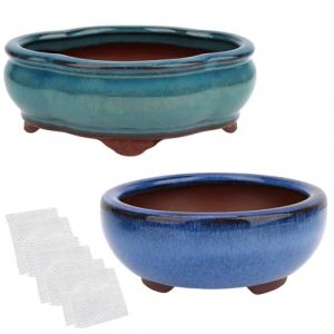 Lot de 2 pots de fleurs émaillés pour bonsaï 12,4 cm 14,5 cm + 6 grilles de drainage en maille souple (kilofly shop, neuf)