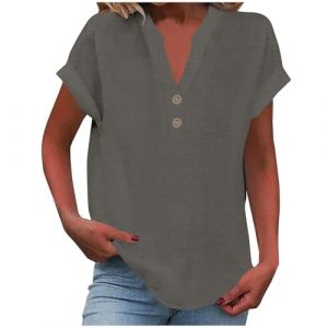 2025 Chemise Lin Femme Coton Et Lin Chemisier élégant à col en V Femme Manches Courtes Henley Chemisier Couleur Uni Tee Shirt été Haut Top Respirant T-Shirts Grande Taille Tunique Blouse Pas Cher (GMGM  (Économisez 50% sur 1 des 2 articles), neuf)