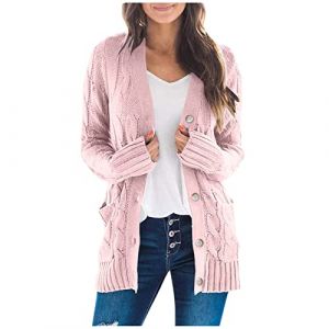 Gilet Long Femme Cardigan Chic Et Elegant Gilet Grosse Maille avec Boutons Cardigan De Poche Devant LéGer Veste Cardigan Pull Basique Automne Et Hiver Rose M (Zawalud, neuf)