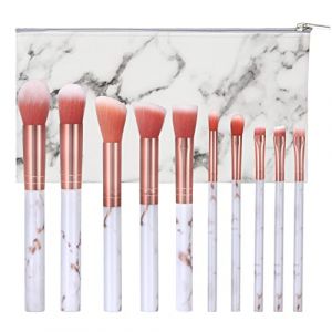 Ensembles de Pinceaux de Maquillage en Marbre Professionnels Brosse Cosm&eacute;tique pour Poudre Libre, Contours, Ombres, Ombres &agrave; Paupi&egrave;res et Fond de Teint, avec Sac en Cuir PU 10 Pi&egrave;ces (Rose) (Huaxh, neuf)