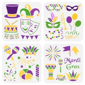 FINGERINSPIRE 4 pcs Mardi Gras Peinture Pochoir 20x20 cm Gros Tambours Ballons Rubans Color&eacute;s Mod&egrave;le de Dessin Instruments de Musique Drapeaux Pochoir pour Peinture "Mardi Gras" Mod&egrave;le de Mots (FINGERINSPIRE FR, neuf)