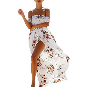 Femmes Boh&egrave;me Longue Maxi Robe de Plage Robes Bustier &eacute;t&eacute; Floral Imprim&eacute; 3/4 Manche Robe Col Badeau Taille Grande (082-blanc, L) (laoshi store, neuf)