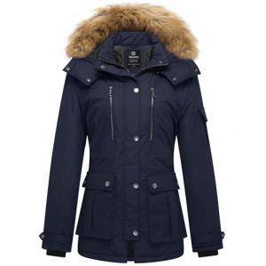 Wantdo Femme Duffle Coat Doublure Polaire Manteau Chaud en Coton Manteau à Capuche Détachable Veste Hiver Parka Militaire Slim Fit Bleu Marine XL (C'est la vie, neuf)