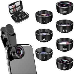 Textiluxe 7 en 1 Objectif Macro Smartphone, Objectif Fisheye 210° + Grand Angle 120° + Objectif Macro (25x) + Téléphoto, Kaléidoscope, Filtre CPL/Star pour Smartphone (Textiluxe, neuf)