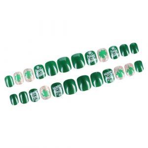 Lot de 24 faux ongles carr&eacute;s &agrave; coller Motif tr&egrave;fle Vert 12 tailles (YOUKELAI, neuf)