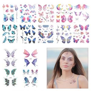 14 Feuilles Tatouage Temporaire, Tatouages Papillon Paillettes Autocollant de Tatouage Visage Papillon Imperméable pour Femmes Filles Festival Fête Yeux Visage Maquillage (Jenniy, neuf)