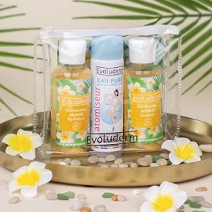 EVOLUDERM &ndash; Trousse Voyage Fraicheur Mono&iuml; &ndash; 1x Gel Douche Mono&iuml; Exaltant 100 ml + 1x Shampoing Mono&iuml; Hydratant 100 ml + 1x Atomiseur Eau Pure 50 ml - Fabrication Fran&ccedil;aise (Evoluderm, neuf)