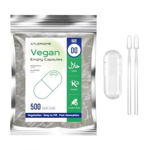ATLEMISME Gélules Vides Végétales Taille 00 - Lot de 500 avec 2 Cuillères - Sans Gélatine - Gélules Faciles à Remplir et à Dissoudre Rapidement - Idéales pour Compléments Alimentaires et Poudres (ATLEMISME, neuf)