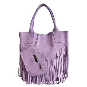 Modarno Sac cabas pour femme en v&eacute;ritable cuir su&eacute;d&eacute; avec frange plus &eacute;tui &agrave; bijoux de la m&ecirc;me couleur - Sac &agrave; main - Sac &agrave; bandouli&egrave;re, Violet, Large (VeraPellel, neuf)