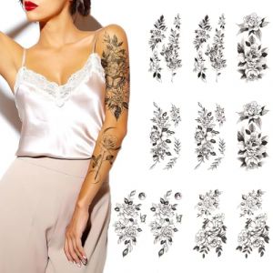 10 autocollants de tatouage de fleur, tatouage temporaire grande fleur autocollant féminin réaliste de rose noire, femme sexy papillon fleur estomac grand tatouage temporaire (YU CHENGLONG DE DIAN, neuf)