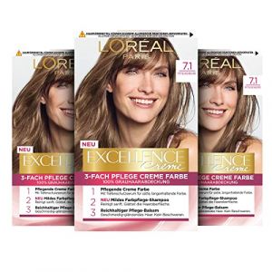L'Oréal Paris Lot de 3 colorations permanentes pour cheveux gris, 100 % de couverture des cheveux gris, avec coloration, shampoing et triple soin crème, crème Excellence, blond blond moyen 7.1, 268 g (SpeedySelect, neuf)