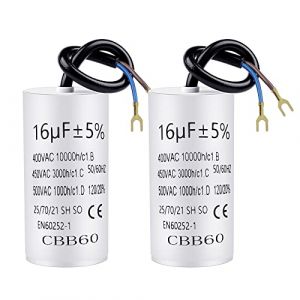 Lot de 2 condensateurs CBB60 16 µF 450 V 50/60 Hz avec câble de raccordement de 20 cm et cosses de câble Condensateur de démarrage 16 µF | 74 x 37 mm (Hopesing, neuf)