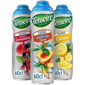 Lot de 3 sirops Teisseire Zéro Sucres (Iced Tea Pêche, Grenadine, Citron) pour Boisson Rafraîchissante, Cocktails, Bidon Recyclable 3x60cl (THE SIROP SHOP, neuf)