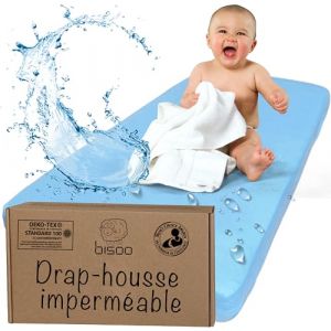 Bisoo Drap Housse 50x95 / 50x100 Impermeable - Drap Housse Alese Protege Matelas Bebe pour Tour de Parc et Lit Bebe - 100% Jersey Oeko-Tex - 1 Drap Impermeable Bleu 95x50 / 100x50 CM (Bisoo LLC, neuf)