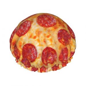 Bonnet de douche double couche imprim&eacute; pizza pepperoni 3D r&eacute;utilisable, l&eacute;ger et doux pour femme (zhoupeipei6, neuf)