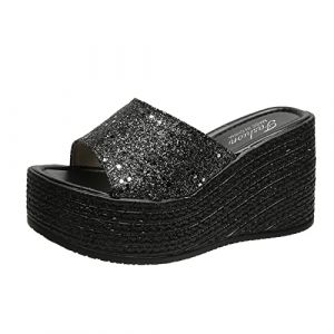 Dasongff Sandale Semelle Epaisse Sexy Club Femme Claquette Paillette Plateforme Bout Ouvert Été Sandales de Plage Talons Compensée Haut Tongs Pantoufles Slip-on Enfiler Grande Taille pour Femmes (ELECTRI, neuf)