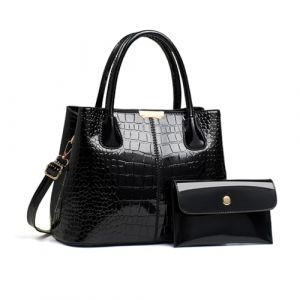 NICOLE & DORIS Sac &agrave; Main Femme Crocodile Sac Bandouli&egrave;re Cuir Verni Sac a Main et Portefeuille Ensemble Sac Fourre Tout Sac D'&eacute;paule pour Travail Shopping Voyage Noir (LOTSLOT O&Uuml;, neuf)