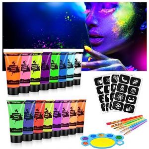 AOOWU Peinture Visage Corps Kit 27PCS, Peinture Corporelle, 16 * 10 ml UV Glow tubes de peinture fluorescente pour le visage et le corps, Halloween Noël Maquillage Fluo (Botoo, neuf)