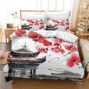 MIQEBX Fleurs De Cerisier Housse de Couette Parure de Lit en Microfibre Motif Fleurs romantiques 3D Rouge Rose Housse de Couette avec Fermeture &Eacute;clair + 2 Taies d'oreiller 50x75 cm (A, 135x200cm) (SHUYINXIA-EU, neuf)