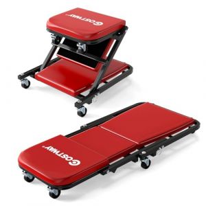 COSTWAY Chariot de Visite Pliable, Tabouret d'Atelier Convertible avec Si&egrave;ge Rembourr&eacute; & 6 roulettes, Planche de Travail M&eacute;canicien pour Garage R&eacute;paration Automobile Entretien, Charge 150 kg (Rouge) (FDS GmbH, neuf)