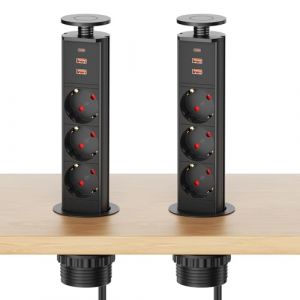 Lot de 2 Prises de Table escamotables avec USB C - Prise escamotable avec 2 Ports USB A - Prise encastrable pour Plan de Travail - 4000 W/16 A - C&acirc;ble de 1,8 m - Noir (Sewingvr, neuf)