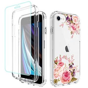 Gufuwo Coque pour iPhone 7/pour iPhone 8/SE 2022/pour iPhone SE 3 2022/SE 2020 avec protection d'&eacute;cran en verre tremp&eacute;, Coque Rigide Floral Int&eacute;gral+Bords TPU Anti-Choc Housse pour iPhone 8 Rose Fleur (peiyecase, neuf)