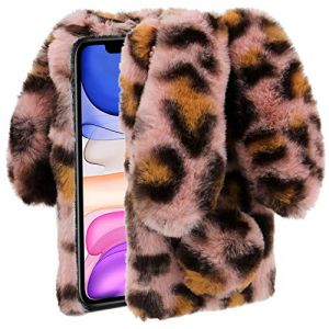 LCHDA Coque Lapin pour iPhone 14 6,1 Pouces, Mignon Peluche Faux Fourrure Oreille Souple Poilu Doux Silicone TPU Pare-Chocs Anti-Choc Anti Poussiere Housse &Eacute;tui de Protection - L&eacute;opard Rose (LCHDA-EU, neuf)
