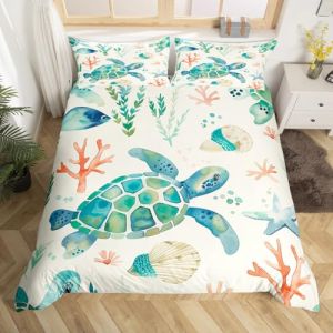 Homewish Housse de Couette 140x200 Enfant Tortue de Mer Aquarelle, Parure de Lit Dessins Anim&eacute;s sur La Faune, Sets de Housses de Couettes Coquillage C&ocirc;tier &Eacute;toile de Mer, Couvre Lit Beige Vert (Suzhou yiyanyun e-commerce Co., Ltd, neuf)