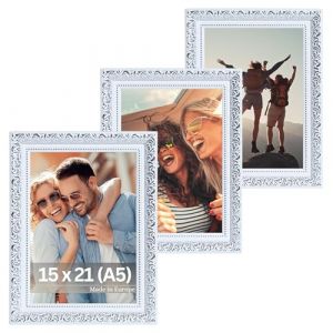Victor Cadre Photo Rubens Set de 3 - en 15x21 cm (A5) Blanc Argent - Bar: 30x20mm - Verre Véritable - Châssis pour l'image Baroque - Antique - Vintage 15x20 - A5 Ancien (Victor_Store, neuf)
