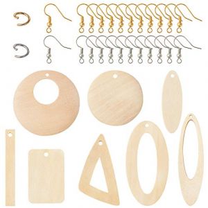 PandaHall Lot de 48 pendentifs en bois avec 48 crochets de boucles d'oreilles et 48 anneaux ouverts pour la fabrication de boucles d'oreilles - Motifs g&eacute;om&eacute;triques (Yilisi Jewelry, neuf)