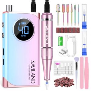 SAVILAND Ponceuse pour Ongles Professionnel, 13 en 1 Lime a Ongle Electrique avec Brose/ Lime a Ongle pour Ongles Acrylique, 40000 tr/min Vitesse Réglable Fraises pour Manucure (Bleu Rose) (SavilandPlus, neuf)