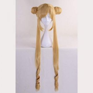 LINLINCD Anime Cosplay Perruque Sailor Moon Tsukino Usagi Cosplay 90 cm Cristal Long Lemon Blonde Blonde Costume Résistant à la Chaleur Cheveux Synthétiques Pérucas Blonde (qiu lai shan mao hang, neuf)