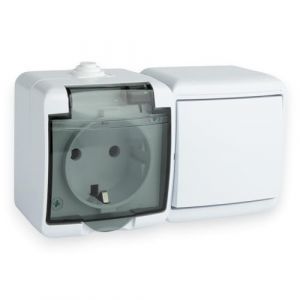 Prise en saillie 1 voie avec couvercle en verre fum&eacute; et interrupteur d'&eacute;clairage IP44 230 V 16 A Interrupteur &agrave; bascule Prise en saillie Interrupteur &agrave; bascule Interrupteur &agrave; bascule Bouton poussoir (Spy-Earpiece, neuf)