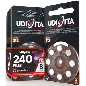 240 Piles Auditives Taille 312 Udivita PR41 (Marron) Zinc-Air Hearing Evolution avec Technologie Phono Pulse - 30 Blisters de 8 Piles (Eurocali, neuf)