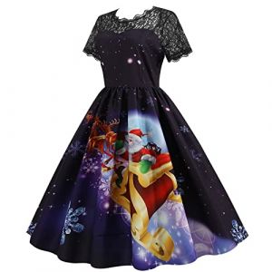 Robe de Noël pour Femme Impression Robe Noël Vin Motif de Soirée Chic Noel Vintage Rétro Imprimée à Pois Mi Longue Année 50 Rockabilly Plissée Swing Robes Soirée Cocktail Ugly (Z4 Violet,XXL) (BAULMD（90% Big Promotion Without Discount Code ）, neuf)