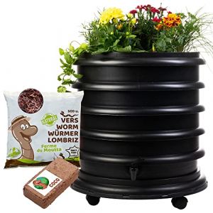 WORMbox | Lombricomposteur 3 Plateaux Noir + 1 Jardinière + 250gr de vers de Compost + 1 Bloc Coco | 48 litres | Compostez Vos déchets organiques, Les vers de Terre/lombrics/lombricompost (Ferme du Moutta, neuf)