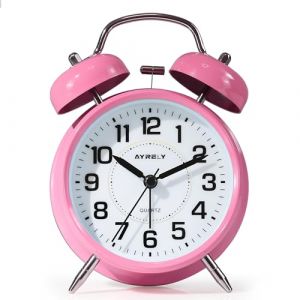 AYRELY Réveil super puissant pour adultes qui dorment lourd, double cloche rétro, 10,2 cm, silencieux, sans tic-tac, avec rétroéclairage, cadran en métal, réveil pour chambre à coucher, chevet (rose) (AYRELYEU, neuf)