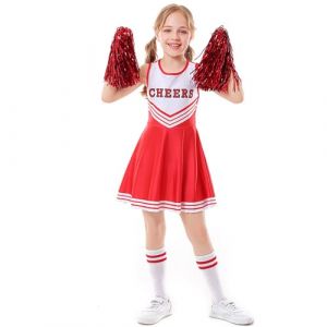 LOLANTA Deguisement Pompom Girl Enfant，Costume Cheerleader Fille de Carnaval avec Pompons(6-7 Ans,Rouge,Tag 130) (LOLANTA, neuf)