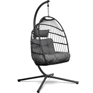 Swoods Chaise Suspendue Egg - Fauteuil Suspendu avec Support - pour Int&eacute;rieur et Ext&eacute;rieur - Comprend Oreillers - Chaise Egg - Cocoon - Chaise Oeuf - Jusqu'&agrave; 150kg - Gris fonc&eacute; (The Brand Center B.V., neuf)