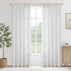 MRTREES Rideau Voilage Fenetre Blanc Effet Lin Voile Semi-Transparent 140x220 CM, Rideaux Voilages Int&eacute;rieurs &agrave; Galon Fronceur pour Porte Chambre Adulte Salon Moderne Salle a Manger, 2 Pi&egrave;ces (MRTREES HOME, neuf)