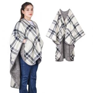 SIVENKE Poncho pour Femme en Polaire Couverture Portable en Flanelle &Eacute;charpe Couverture Poncho D&eacute;contract&eacute; avec Boutons et Poches pour Lit, Canap&eacute;, Bureau, gris/blanc, 140 x 163 cm (Zhongdeqi, neuf)
