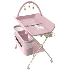 Table &agrave; Langer Pliable, Plan &agrave; Langer 2 Tiroirs en Tissu, Panier Lat&eacute;ral et Tringle de Suspension, Meuble pour B&eacute;b&eacute; R&eacute;glable en Hauteur, avec roulettes Verrouillables,75 * 68 * 83-91cm (B) Rose (Hechheu, neuf)