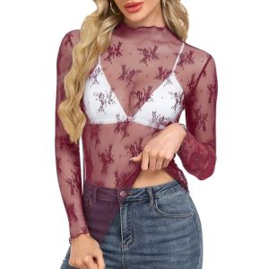 WNEEDU Sexy Tee Shirt en Dentelle Voile Femme &agrave; Manches Longues Blouse en R&eacute;sille Transparent Chemiser Chic et &Eacute;l&eacute;gant T-Shirt col &agrave; Volants Bordeaux XS (WNEEDU EU, neuf)