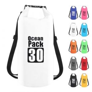 30L Sac étanche Polyvalent, 2L/5L/10L/15L/20L/30L Blanc Waterproof Dry Bag avec Longue Bandoulière Réglable Sac à Dos Confort Imperméable pour Bateau/Kayak/Pêche/Rafting/Natation/Camping/Snowboard (MUDAMUDA Store, neuf)