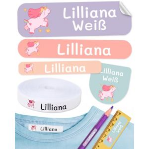 155 étiquettes personnalisées pour vêtements et fournitures scolaires – 100 étiquettes en tissu thermocollantes écologiques + 55 autocollants imperméables (Haberdashery Online, neuf)