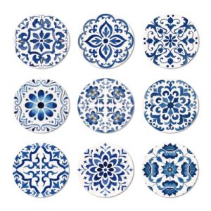 ANATTASOUL 9 Pièces Dessous de Verre Peinture, Motif Espagnol Bleu sous Verres Peinture Coasters, sous-Verres en Bois Couleurs, Été Dessous de Verre Rond pour Maison, Bar, Bureau (ANATTASOUL FR, neuf)