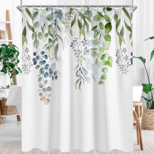 Lerores Rideau de douche, 80 x 200 cm, motif feuilles vertes, anti-moisissure, ourlet lest&eacute;, imperm&eacute;able, lavable, en tissu polyester, avec &oelig;illets et 6 anneaux de rideau de douche, pour salle de bain (Heall, neuf)