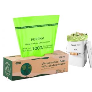 PURENV 30L Compostable Sac Poubelle, 60 Sachets Biodégradables à Déchets, 100% compostable et biodégradable, acec Certifié EN13432 (PURENV, neuf)